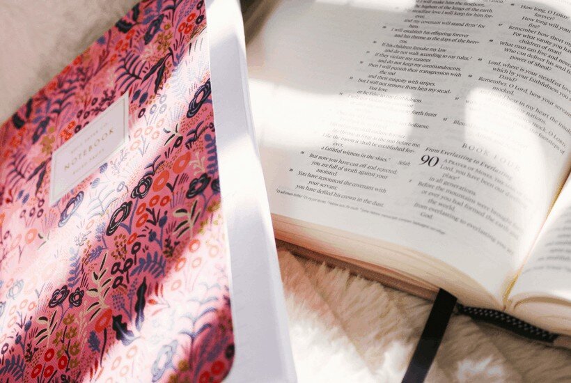 Picture of a journal and a Bible for post Bible journaling tips for beginners
