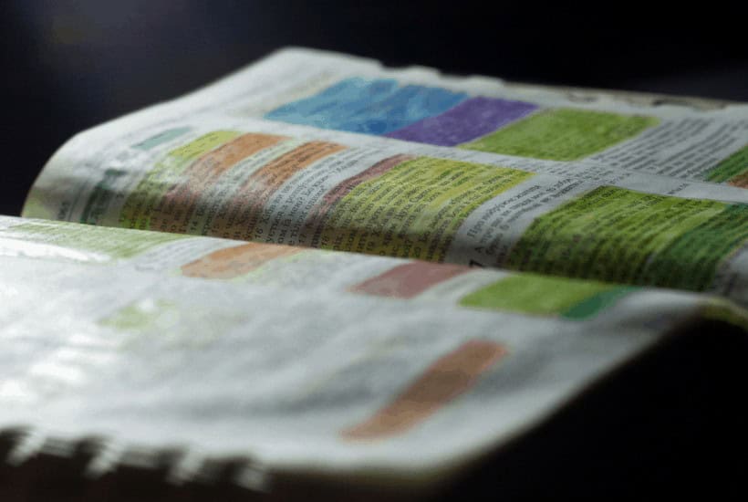 picture of highlighted open Bible for post Bible journaling tips for beginners