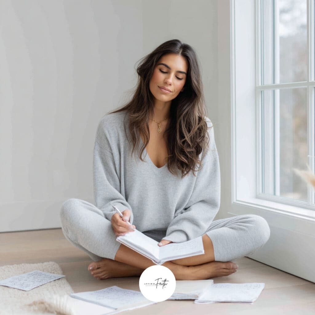 a woman sitting on the floor with notepads around her