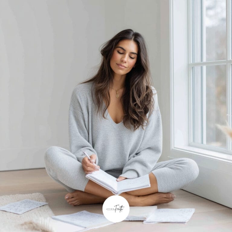 a woman sitting on the floor with notepads around her