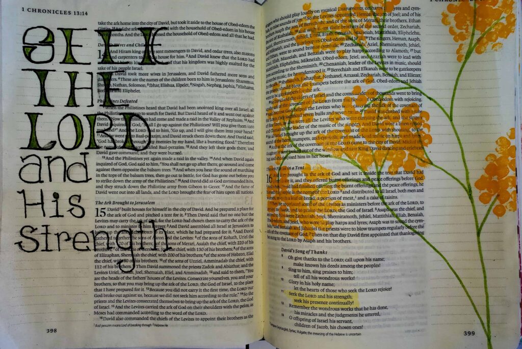 Bible journaling with household objects yellow wildflowers painted with Q-tips