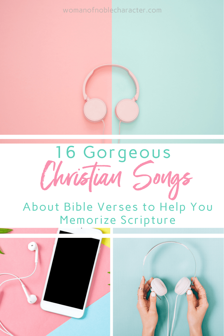 Christian Songs About Bible Verses to Help You Memorize Scripture - A collage of images with headphones in light pink and blue
