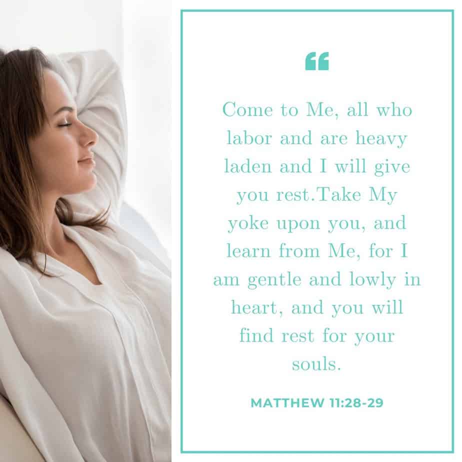Blessings of Brokenness - a woman resting comfortably against a wall with Matthew 11:28-29 quoted