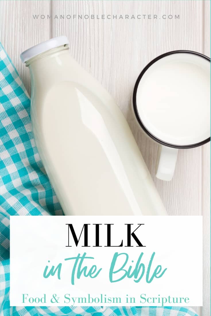 A bottle of milk and a cup of milk next to a gingham blue towel and a text overlay that says Milk in the Bible - Food and Symbolism in Scripture