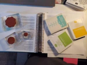 image of stamping pads and rubber stamps for journal crafting; Creative ways to layer vellum in Bible journaling