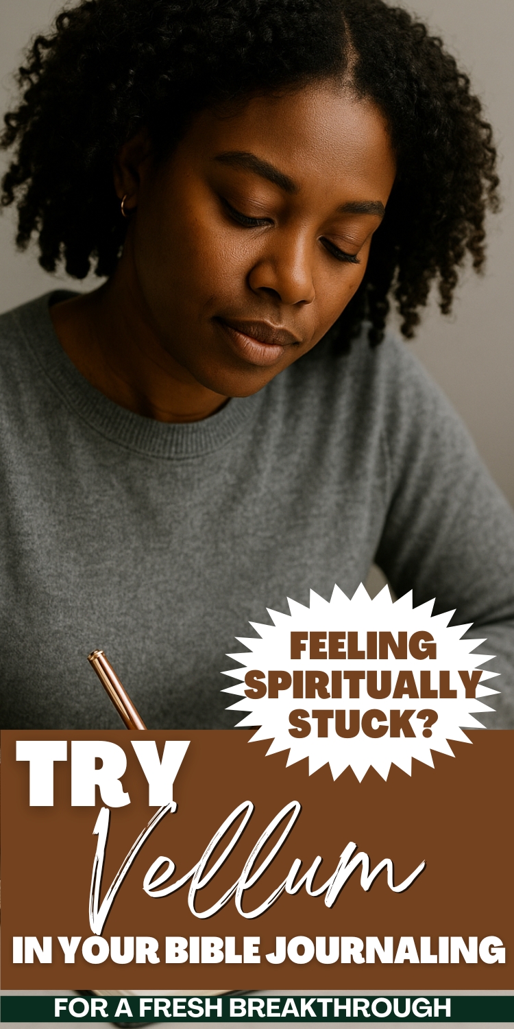 Black woman journaling with a rose gold pen, wearing a gray sweater, with text overlay that reads 'Try Vellum in Your Bible Journaling' and 'Feeling Spiritually Stuck? For a Fresh Breakthrough.'"