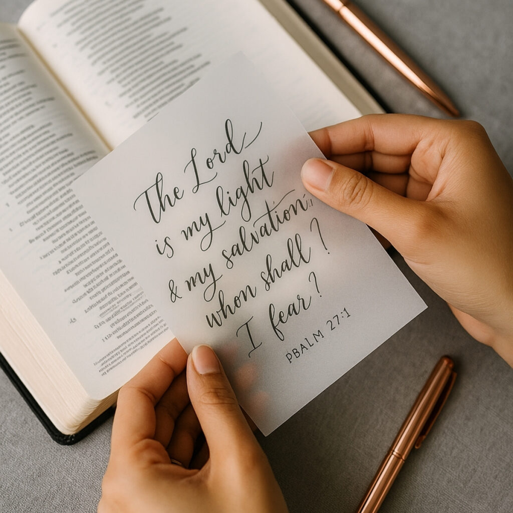 Hands holding a vellum sheet with handwritten Psalm 27:1 over an open Bible, with a rose gold pen resting on a gray fabric surface. For the post Bible journaling using vellum