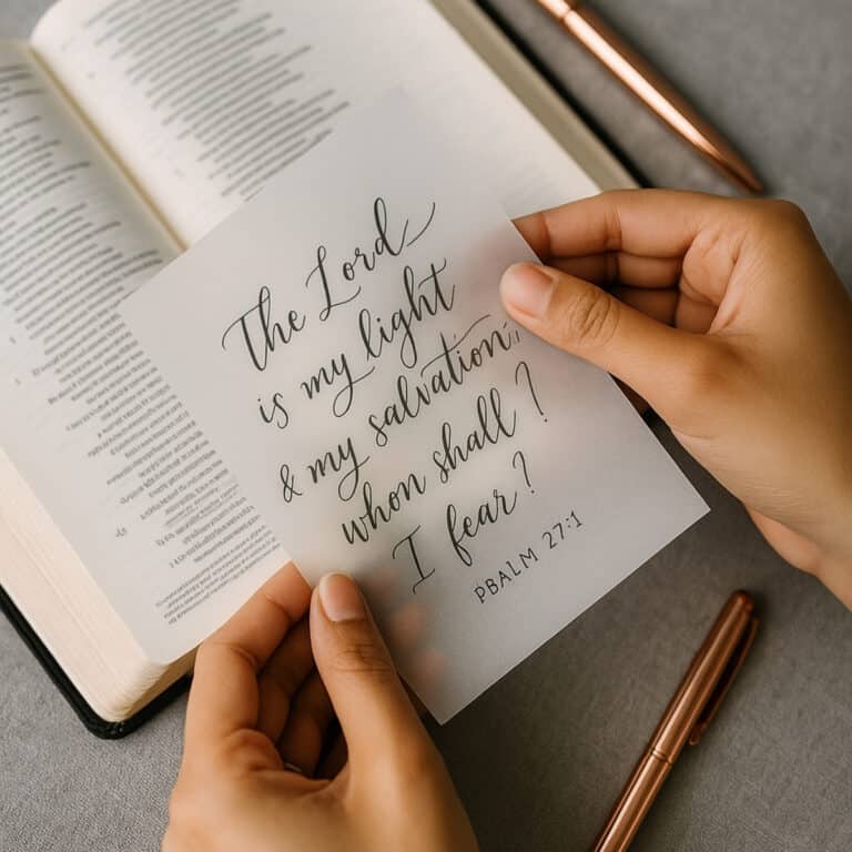 Hands holding a vellum sheet with handwritten Psalm 27:1 over an open Bible, with a rose gold pen resting on a gray fabric surface. For the post Bible journaling using vellum
