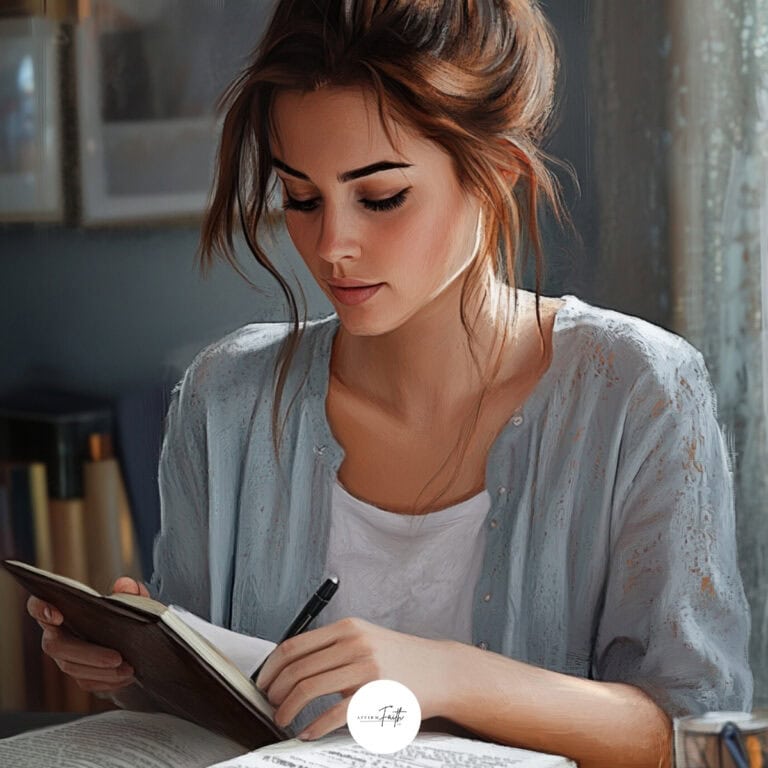 a woman holding a book with a book on a desk in front of her