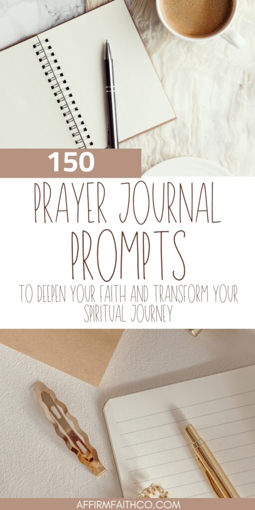 150 Prayer Journal Prompts to Deepen Your Faith and Transform Your Spiritual Journey with a cozy journal setup featuring a pen and coffee.
