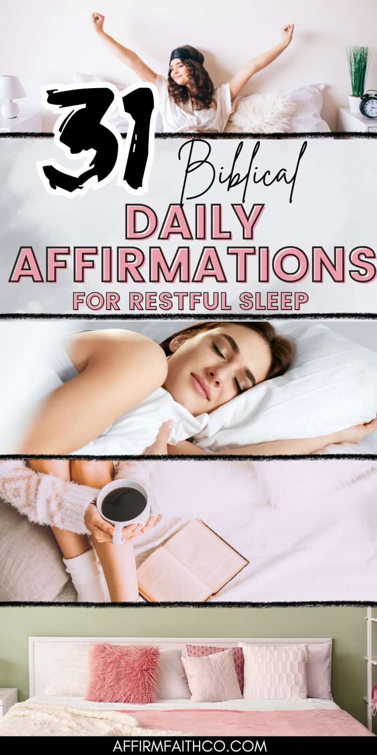 31 Biblical Daily Affirmations for Restful Sleep - A cozy image featuring a woman stretching in bed, another peacefully sleeping, a cup of coffee with an open Bible, and a beautifully styled bedroom.