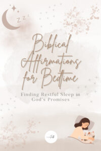 Biblical Affirmations for Bedtime: Finding Restful Sleep in God's Promises with a calming nighttime design featuring stars, a crescent moon, and a woman sleeping peacefully with her cat