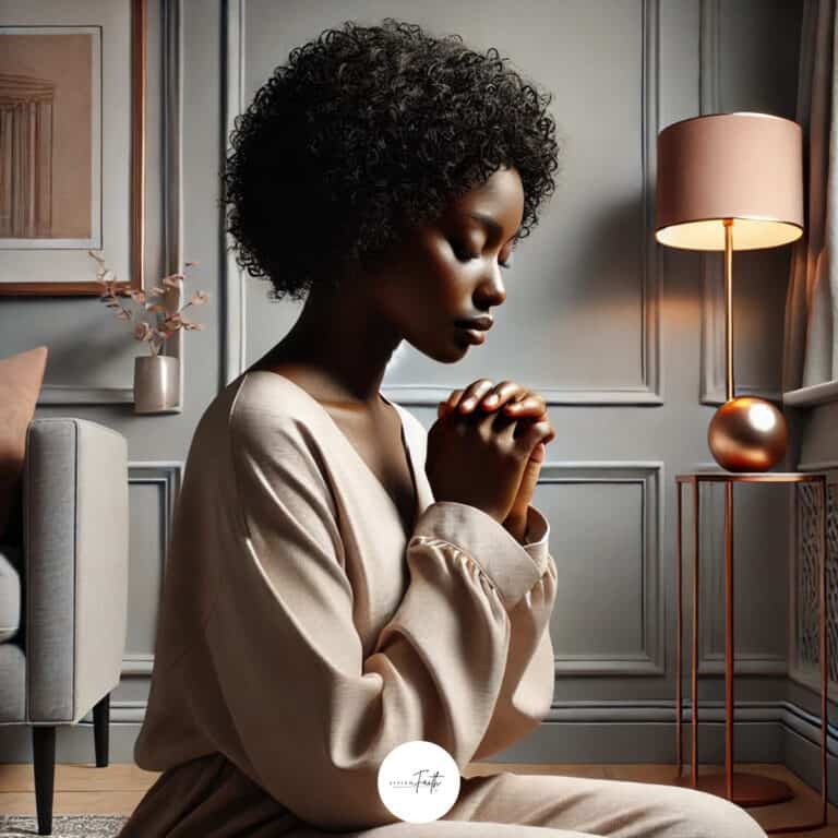 A Black woman praying in a serene room with gray and rose gold accents,