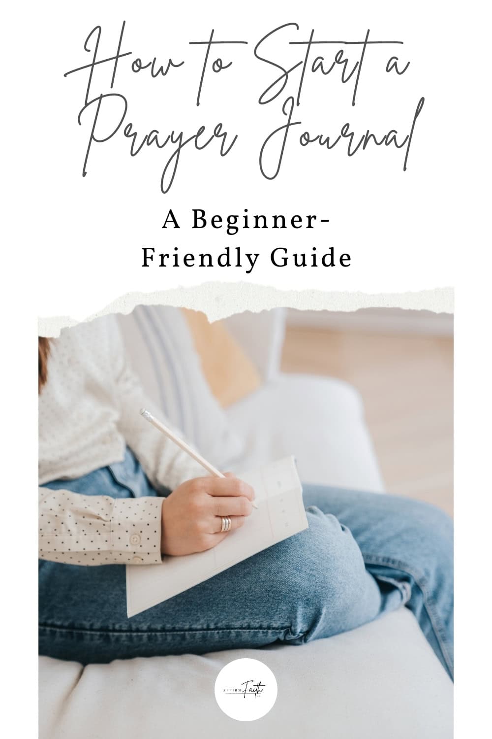 An image of a woman writing in a notebook, titled How to Start a Prayer Journal A Beginner-Friendly Guide, with a cozy and peaceful aesthetic.