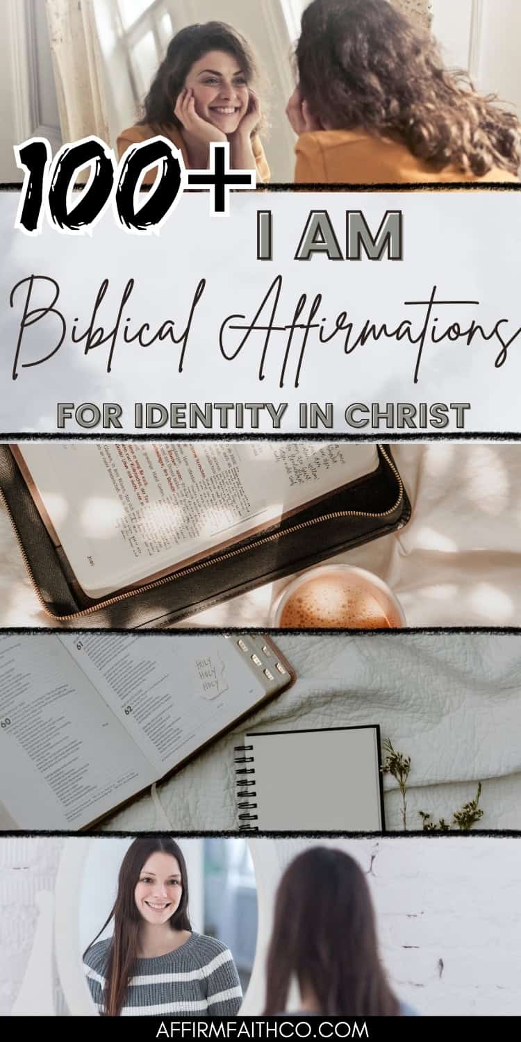 100+ I Am Biblical Affirmations for Identity in Christ featuring a woman smiling at herself in the mirror, open Bible, a journal with a pen, and a warm atmosphere to encourage faith-based reflection and spiritual growth. Website URL womanofnoblecharacter.com displayed at the bottom.
