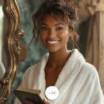 a woman in a robe smiling looking in a mirror