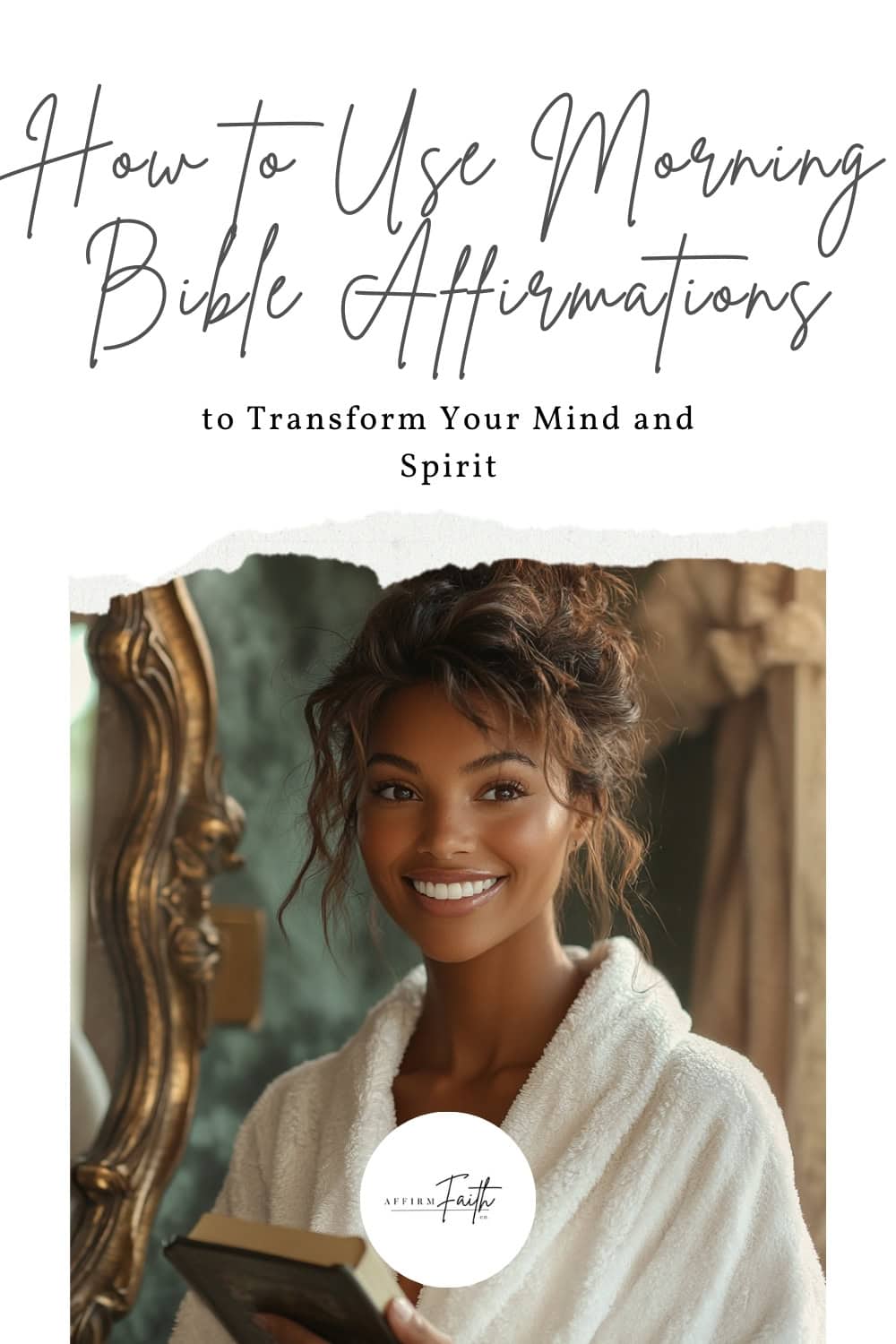 a woman in a robe smiling looking in a mirror