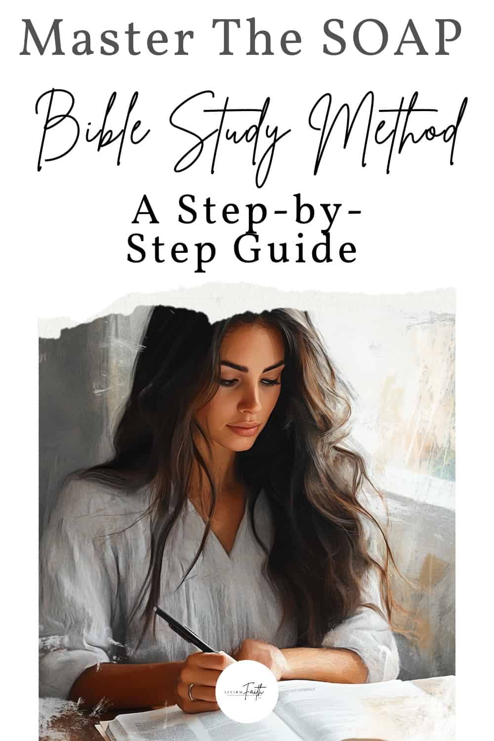 A serene image of a young woman with long dark hair sitting by a window, deeply engaged in Bible study. She is writing in a notebook with an open Bible in front of her, creating a reflective and peaceful atmosphere. The text above her reads: "Master The SOAP Bible Study Method - A Step-by-Step Guide." The scene conveys focus, faith, and the pursuit of understanding scripture.
