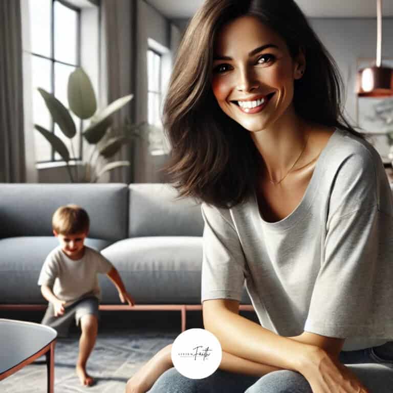 a woman smiling while a child plays behind her