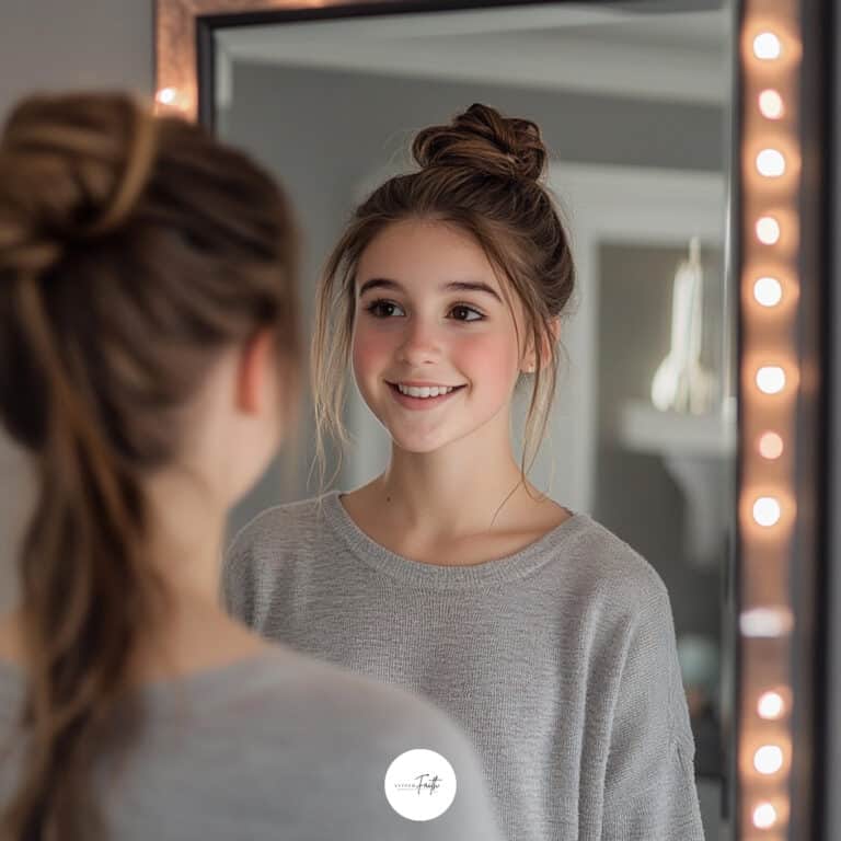 a girl smiling looking in a mirror