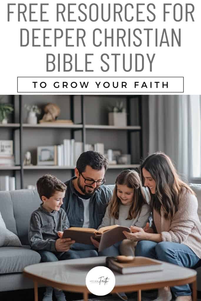 Free Resources for Deeper Christian Bible Study to Grow Your Faith – A joyful family of four sitting together on a cozy gray couch, reading the Bible in a beautifully decorated living room with bookshelves and warm lighting, fostering faith and connection.