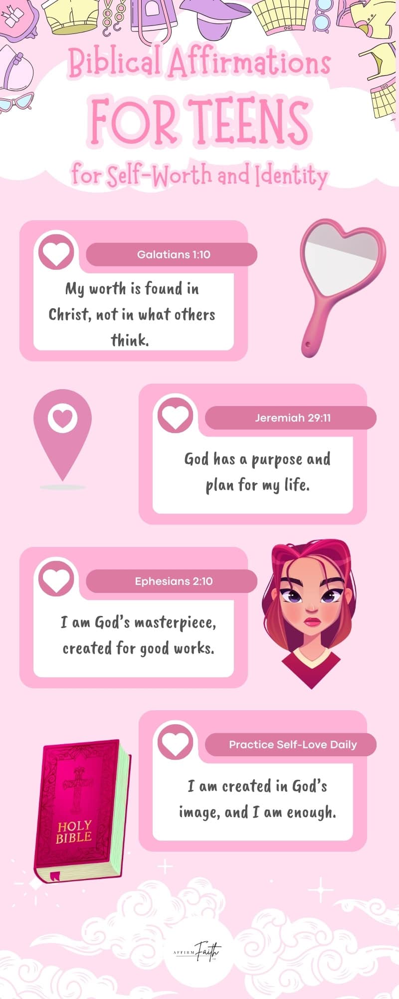 An illustrated Pinterest graphic featuring Biblical affirmations for teens, highlighting self-worth and identity with scriptures like Galatians 1:10 and Jeremiah 29:11, designed to encourage faith and confidence.