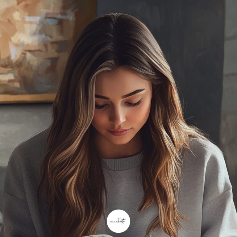 The image features a young woman with long, wavy brown hair, sitting in a calm and reflective pose. She appears to be reading or praying, creating a serene and focused atmosphere.