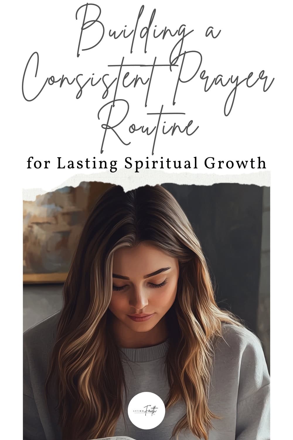 The image features a young woman with long, wavy brown hair, sitting in a calm and reflective pose. She appears to be reading or praying, creating a serene and focused atmosphere. The text above her reads "Building a Consistent Prayer Routine for Lasting Spiritual Growth," emphasizing the theme of spiritual discipline. The background is softly blurred, adding to the peaceful tone, and the logo "Affirm Faith Co" is placed subtly at the bottom.