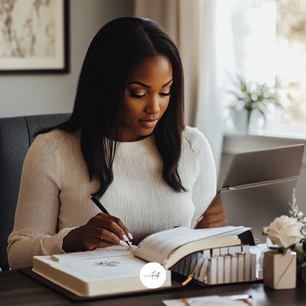 A woman writing in a notebook at her desk