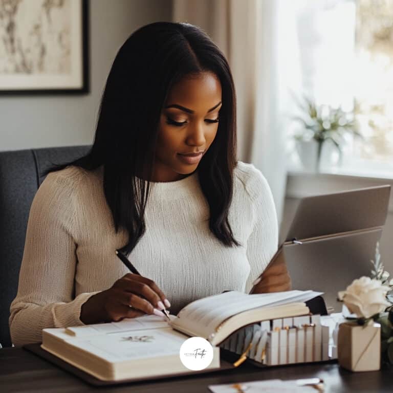 A woman writing in a notebook at her desk