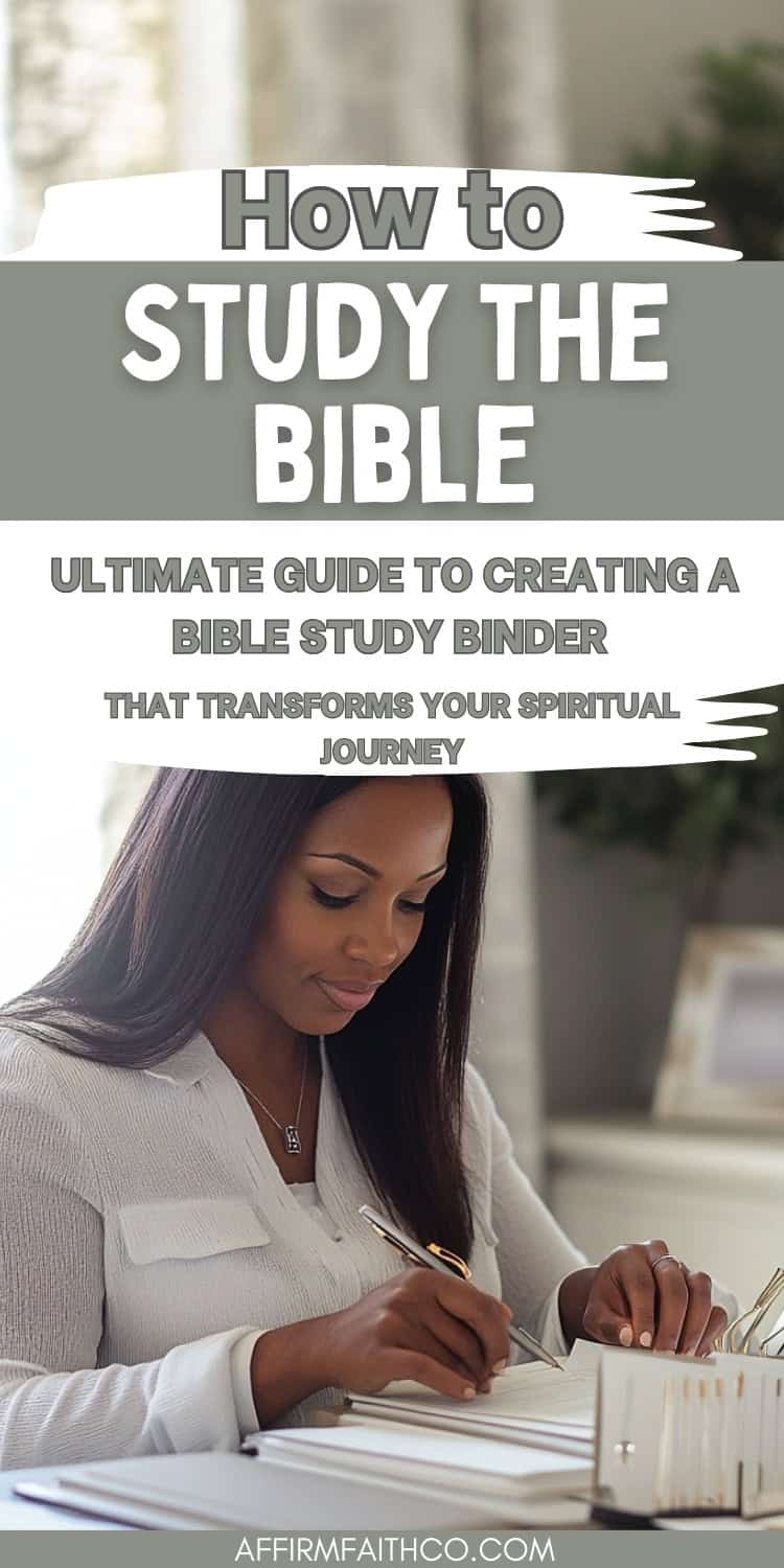 Ultimate Guide to Creating a Bible Study Binder That Transforms Your Spiritual Journey 1 A woman writing in a notebook at her desk, symbolizing focused Bible study. The image promotes the ultimate guide to creating a Bible study binder that transforms your spiritual journey, with text highlighting organization and spiritual growth. The bottom includes the website womanofnoblecharacter.com