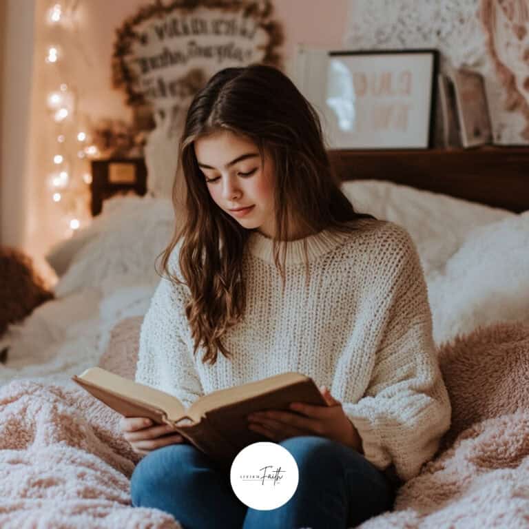The image shows a young woman sitting on a bed, engrossed in reading a book. She is dressed in a cozy white sweater and blue jeans, surrounded by a warm and inviting atmosphere with soft lighting and plush blankets.