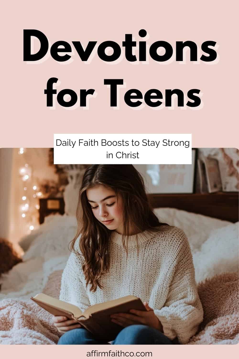A teenage Christian girl sits on her cozy bed, reading the Bible with soft lighting and warm blankets around her, reflecting on devotions for teens.