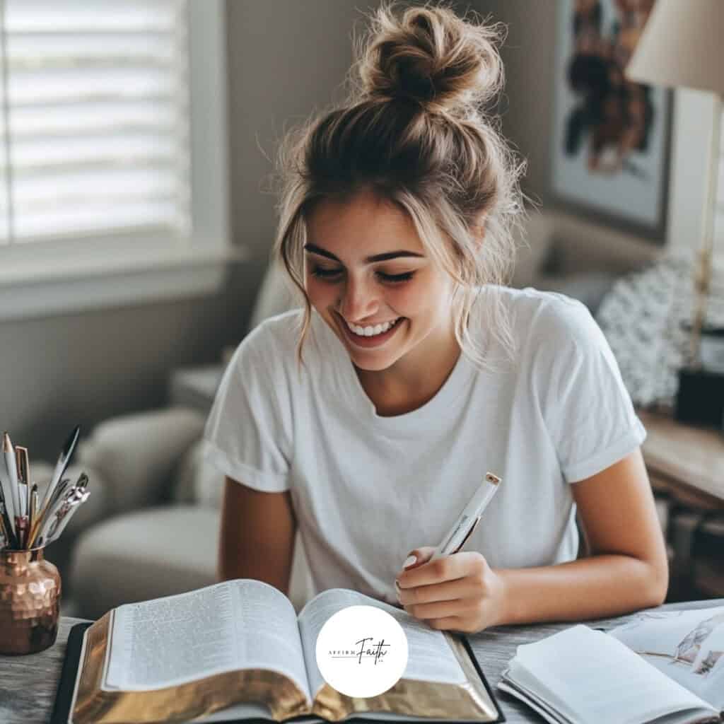 Smiling young woman with a messy bun, dressed in a white t-shirt, studies the Bible at a desk using a pen, surrounded by journals and writing tools, in a cozy, naturally lit room featuring soft, neutral decor.