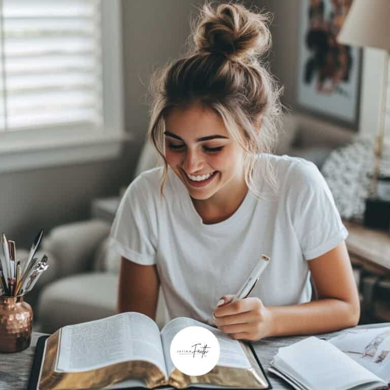 Smiling young woman with a messy bun, dressed in a white t-shirt, studies the Bible at a desk using a pen, surrounded by journals and writing tools, in a cozy, naturally lit room featuring soft, neutral decor.