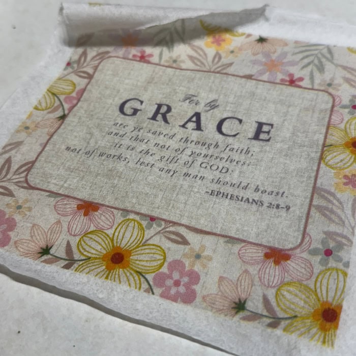 Ephesians 2:8 napkin with flowers for Christian decoupage craft projects