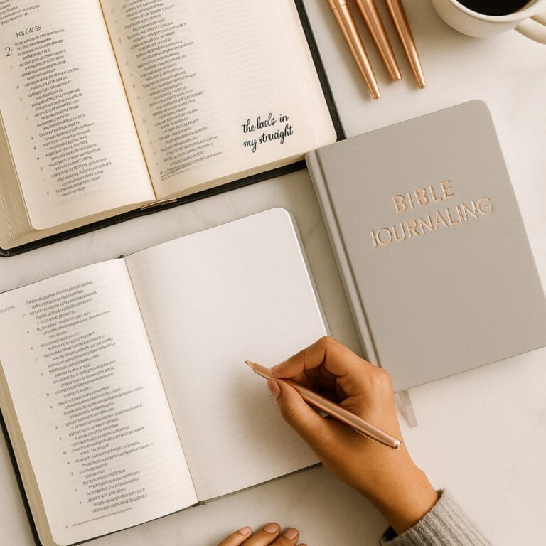 Hands writing in a prayer journal next to an open Bible and coffee mug on a marble table for a post on faith psalms