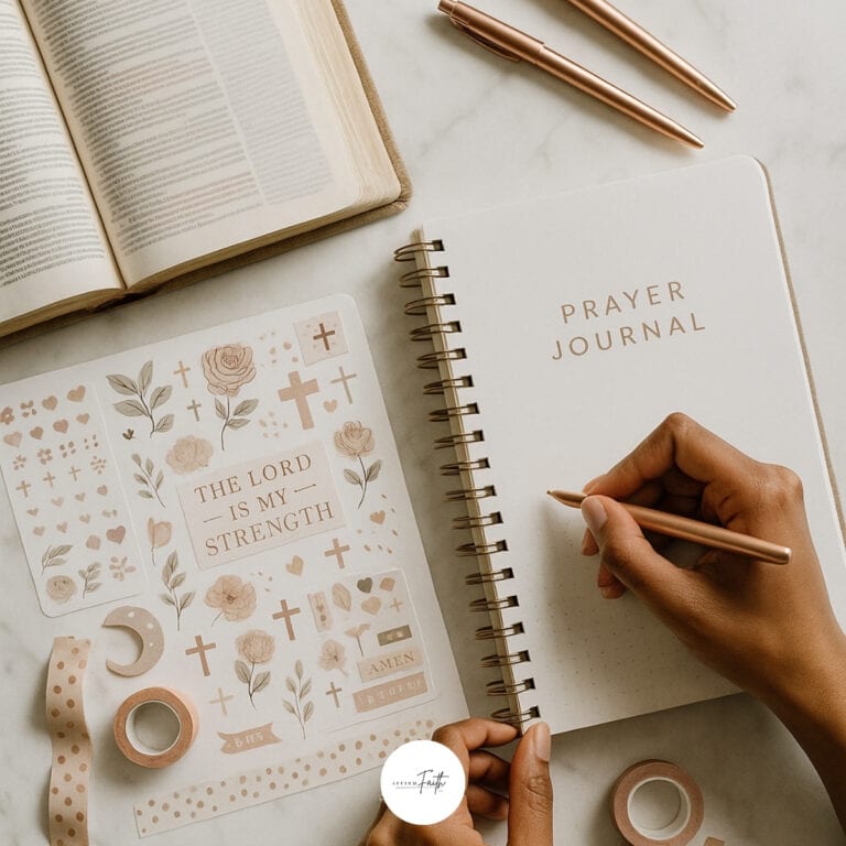 Flat lay of Bible journaling supplies with open Bible, prayer journal, Christian-themed stickers, washi tape, and a woman's hands writing in a spiral notebook.