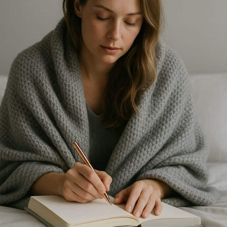 Photorealistic scene of a woman writing in a journal at a table in a modern, minimalistic room with soft grey tones and rose gold accents.