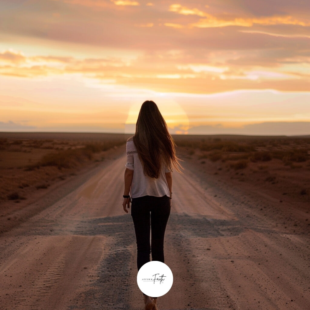 A lone woman standing at a desert crossroads, looking into the horizon, symbolic of decision and spiritual direction, subtle light rays breaking through cloudy sky, empty road, dry landscape, contemplative pose