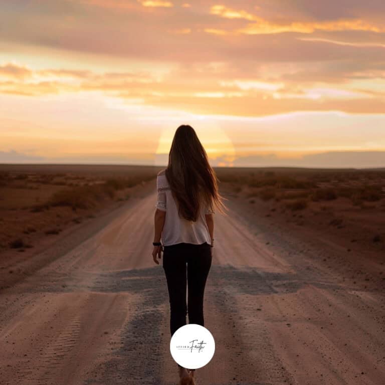A lone woman standing at a desert crossroads, looking into the horizon, symbolic of decision and spiritual direction, subtle light rays breaking through cloudy sky, empty road, dry landscape, contemplative pose