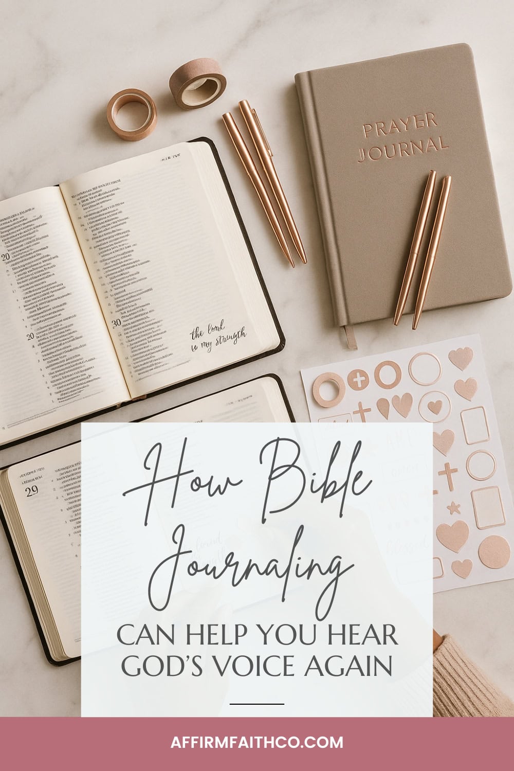 Flat lay of Bible journaling supplies with open Bible, prayer journal, washi tape, pens, and Christian-themed stickers, featuring text overlay: 'How Bible Journaling Can Help You Hear God's Voice Again