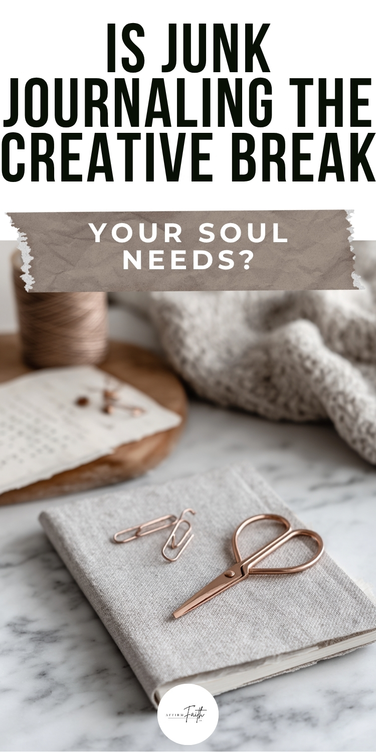 Minimalist image of a gray linen journal with rose gold scissors and paper clips on marble surface; text reads "Is Junk Journaling the Creative Break Your Soul Needs?"