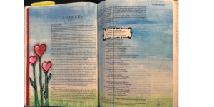 Bible journaling devotional page featuring 1 Samuel with hand-painted heart flowers, highlighted verse, and soft blue watercolor background for a creative faith journal idea.