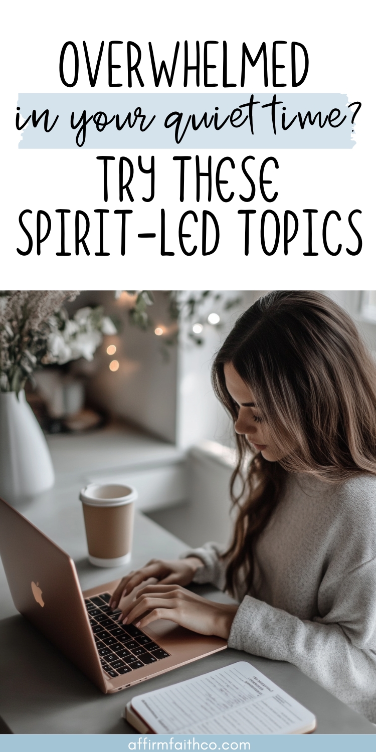 Faith-Focused Bible Study Topics to Grow Your Relationship with God 1 Brunette woman typing on a rose gold laptop at a cozy desk with a Bible study notebook and coffee cup, surrounded by soft lighting and peaceful decor, representing quiet time with God.