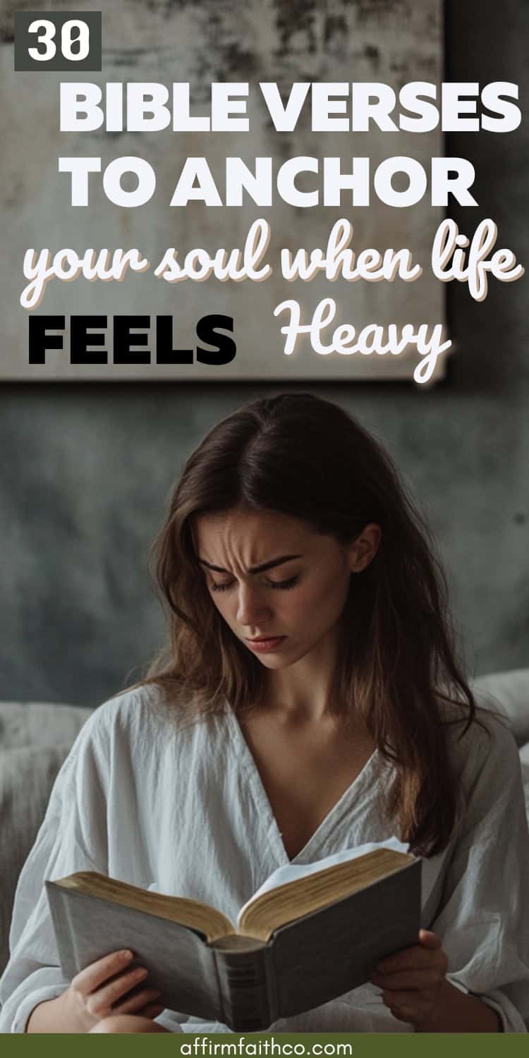 30 Encouraging Bible Verses for Hard Times (With Reflections & Printable Guide) 1 Young woman sitting on a bed reading the Bible with a burdened expression, reflecting on encouraging Bible verses for hard times to find peace and strength in her faith.
