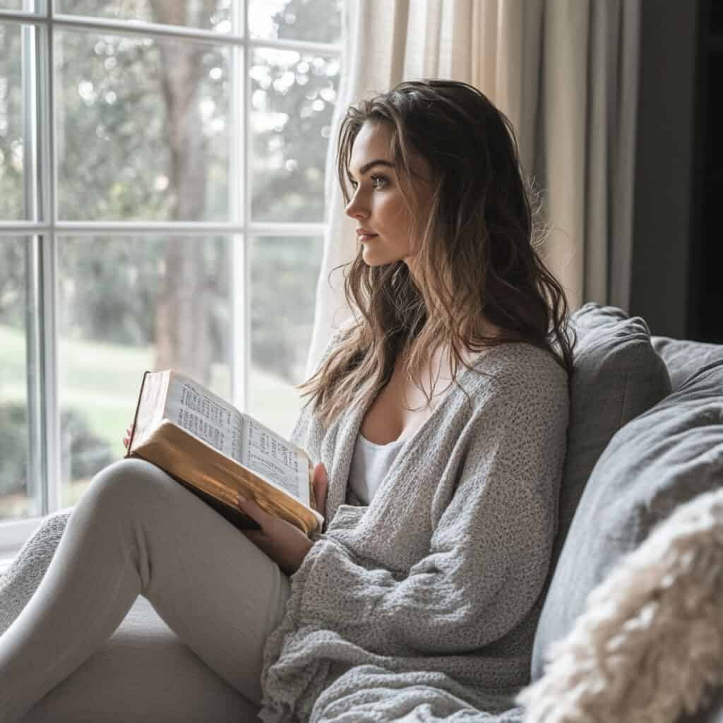 30 Encouraging Bible Verses for Hard Times (With Reflections & Printable Guide) 2 Woman sitting peacefully on a gray sofa in a soft, upscale living room, reading an open Bible near a large window with natural light streaming in—reflecting on encouraging Bible verses for hard times.