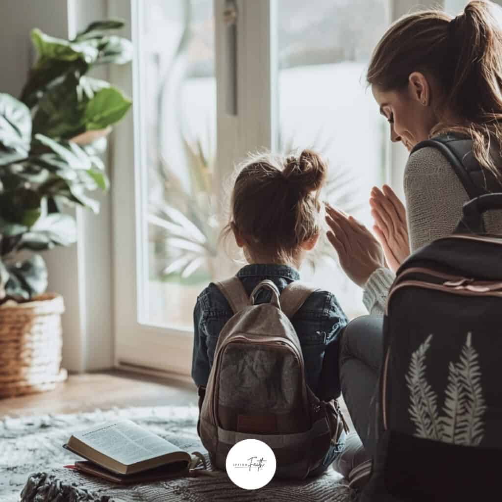 Back-to-School Prayers for Every Heart | Peace, Faith & Fresh Starts 1 Mother and daughter sit in prayer by the front door before school, with the child wearing a backpack and an open Bible on the floor, surrounded by soft morning light and cozy, minimalistic home decor.