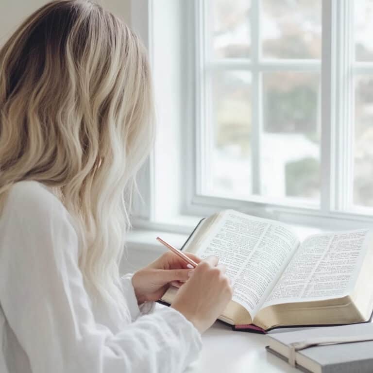 Woman with long blonde hair sitting by a window, writing in an open Bible with a rose gold pen, soft natural light illuminating the peaceful Bible journaling moment — modern and minimal featured image for a faith-based blog post.
