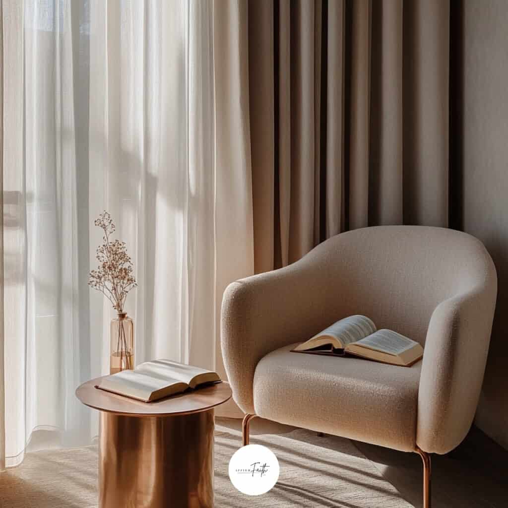 What Is a Prayer Closet? (And How to Create One That Deepens Your Faith) 2 Modern prayer closet with a beige armchair, open Bible resting on the seat, rose gold side table with another open Bible, and soft natural light filtering through sheer curtains—creating a peaceful, upscale space for quiet time with God.